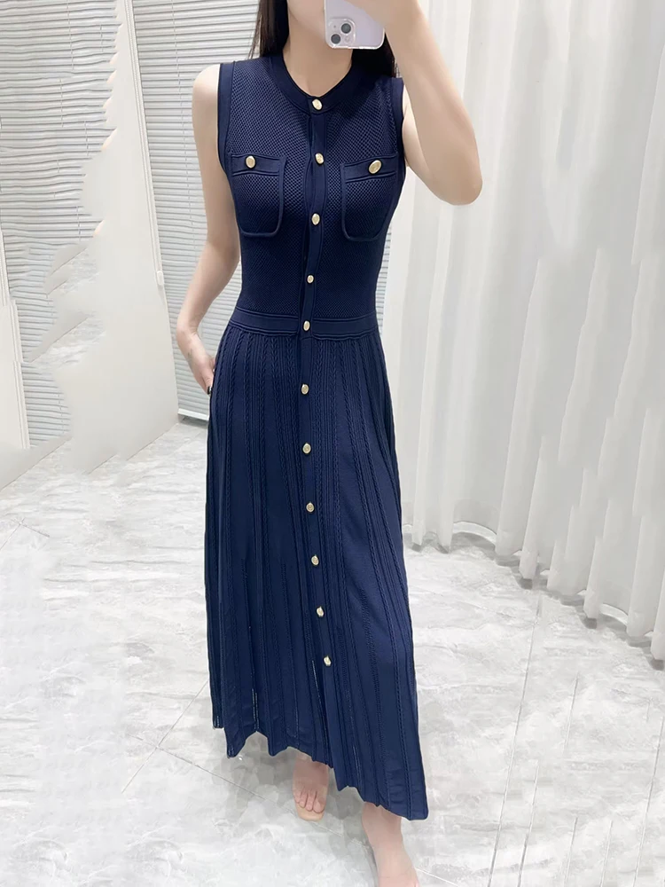 Langes Kleid mit französischer Weste für Damen, ärmelloses Strickkleid mit Rundhalsausschnitt, hochwertige Kleider, Sommer, neu, 2025, y2k