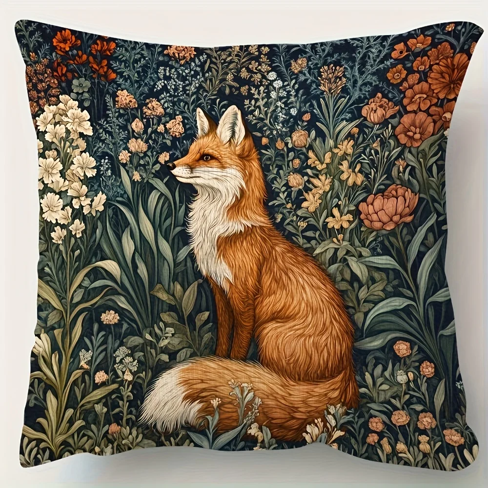 1 Stück dekorativer Kissenbezug im William-Morris-Stil mit Fuchs- und Blumenmuster, für Sofa und Heimdekoration (Kisseneinsatz nicht im Lieferumfang enthalten)