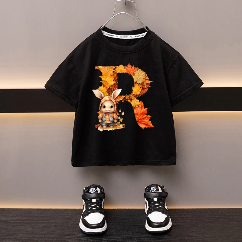 Maple Leaves Letter R Children T-shirt Kawaii Clothes for Girls T Shirt Anime Cartoons Casual Kid Boy Short Sleeve Tops New 2024