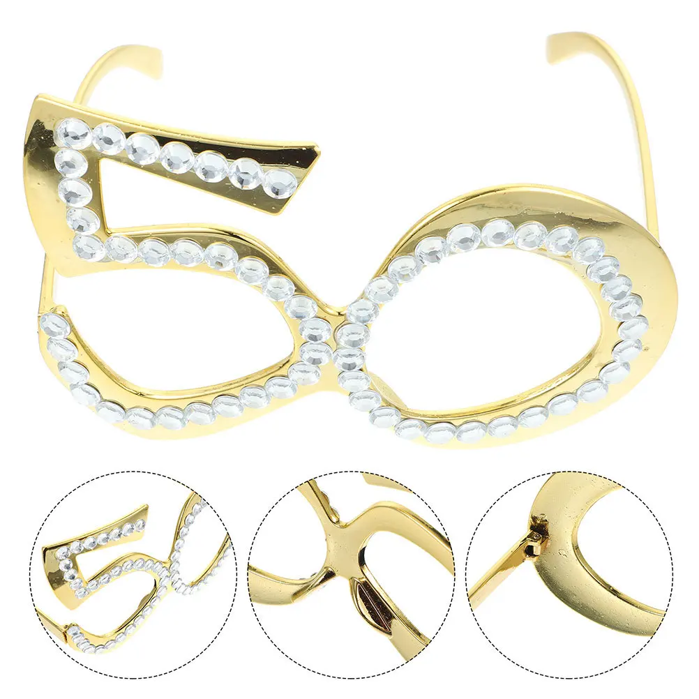 

2Pcs Number Birthday Glasses Rhinestone Glitter Eyewear Photo Booth Prop Party Supplies for 50th Anniversary Celebration Costume