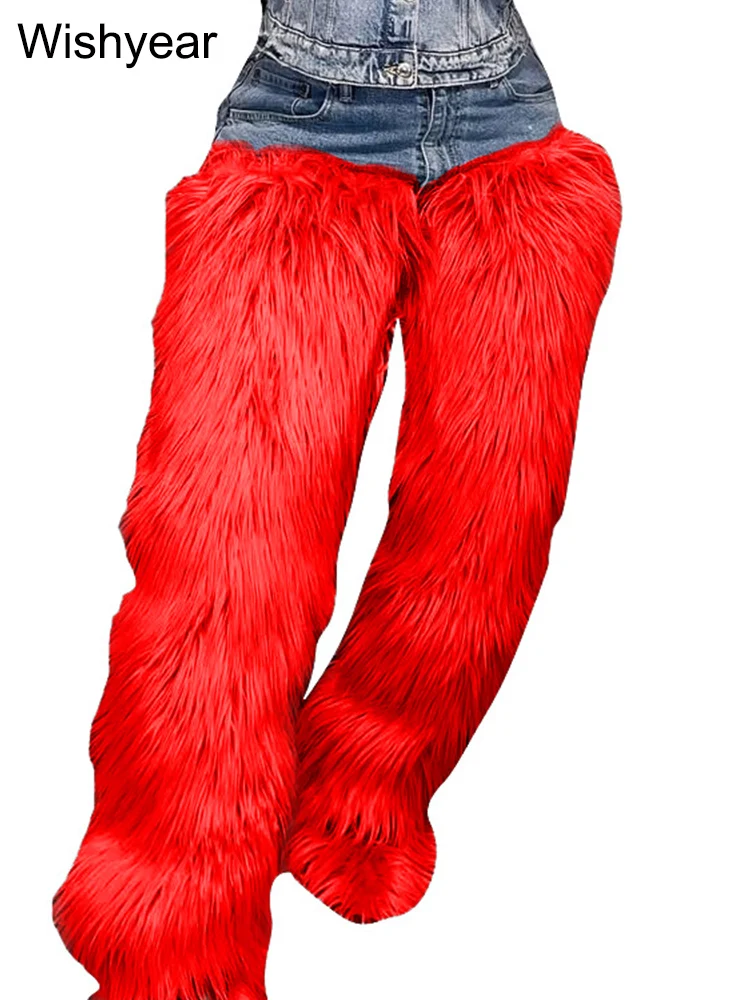 Blue Denim Fur Patchwork Bodycon Jeans High Waist Straight Tube Pants for Women Streetwear Winter Fall Y2K Boyfriend Bottoms