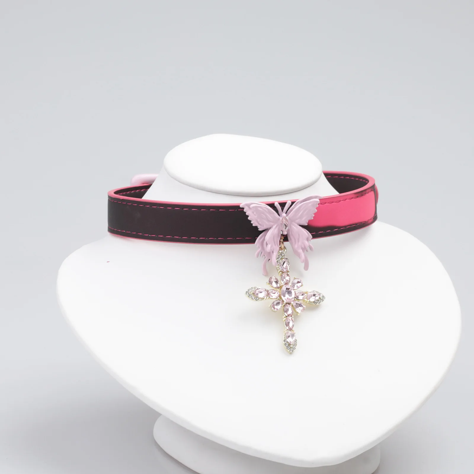 

Adult Games Temperature Color Changing Choker Necklace Pink & Black Faux Leather Collar with Pink Butterfly & Crystal Cross