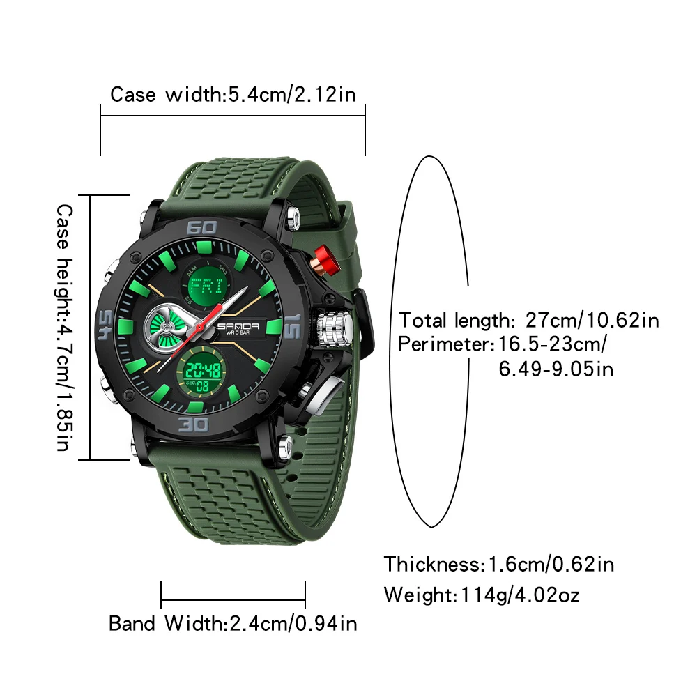SANDA Watch TPU Strap Dual Display Wristwatch for Men Chronograph Alarm Clock Countdown Function Luxury Man Watches
