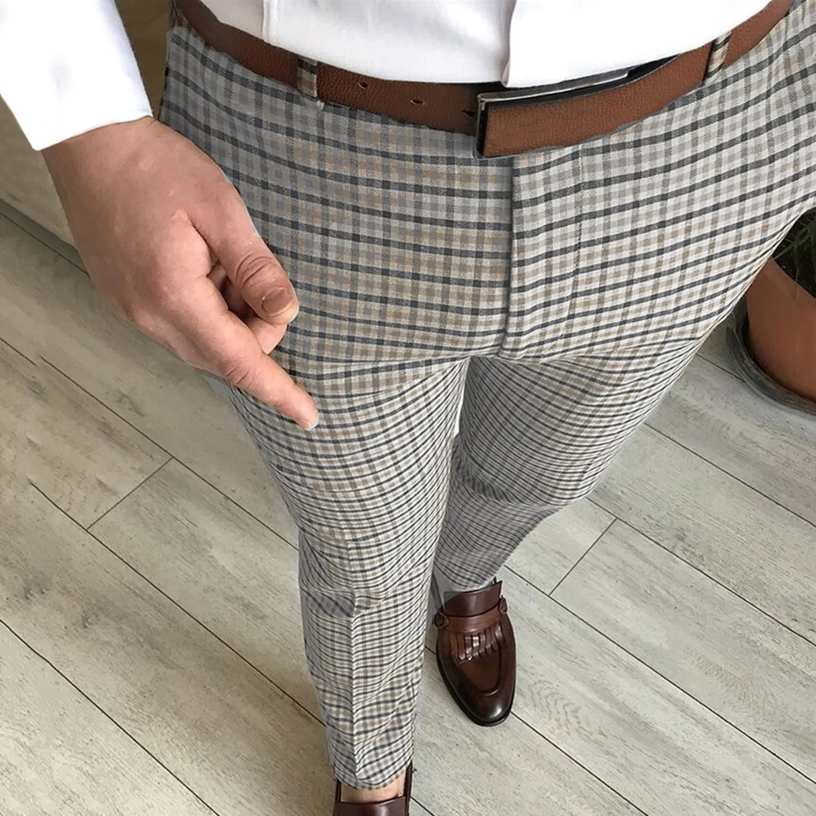 

New Plaid Print Party Suit Pants Stretch Skinny Man Trousers Men Casual Y2k Clothing Pockets Gym Work Pantalones Straight Street