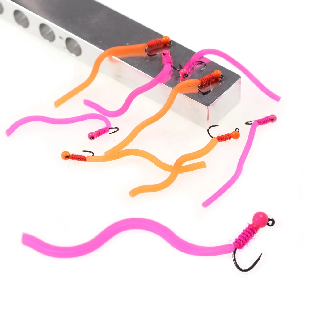 

4pcs #14 Tungsten Bead Head Squirmy Worm Fly Barbless Fish Hook San Juan Wormy Fly Fishing FliesTrout Bass Panfish Fishing Lures