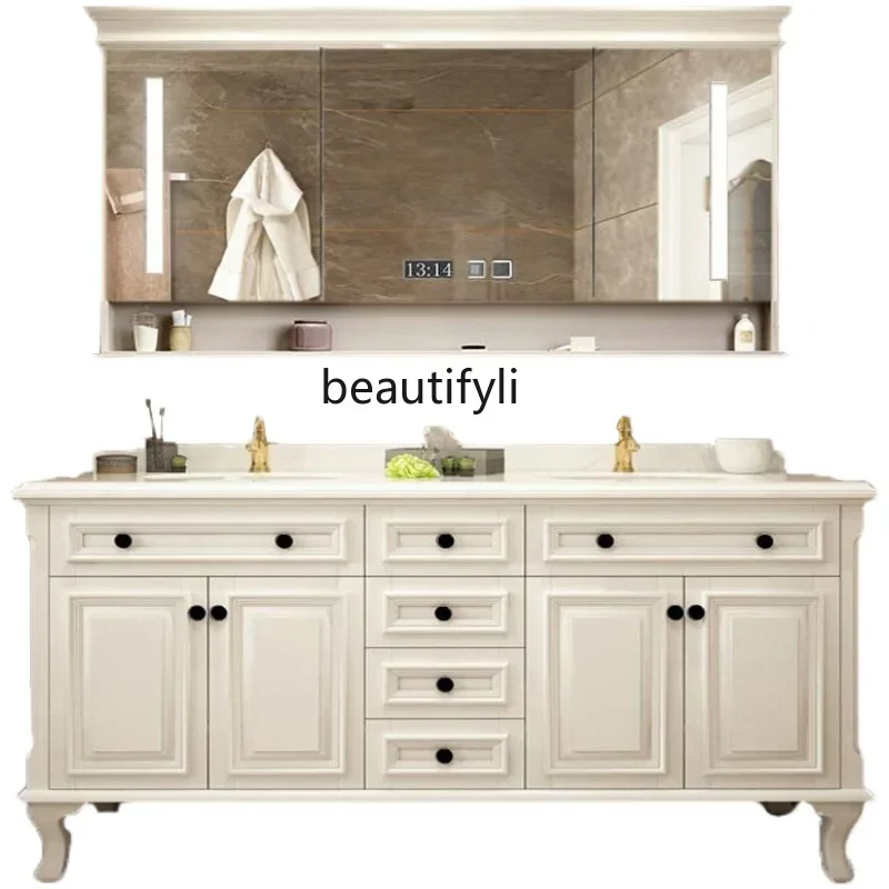 

American Simple Bathroom Cabinet Combination Smart Mirror Marble Washstand Double Basin Bathroom Washbasin Cabinet