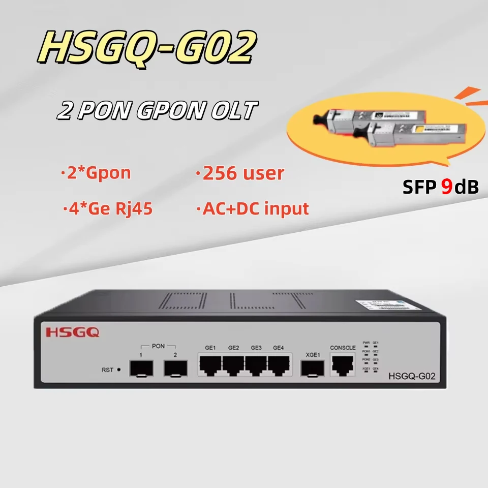 HSGQ 2 Pon GPON OLT with 9db 100-240V 2Port SFP 256 ONUS 10G Uplink C+ GBIC 100-240V AC 12V DC Power OLT Optical Fiber Equipment