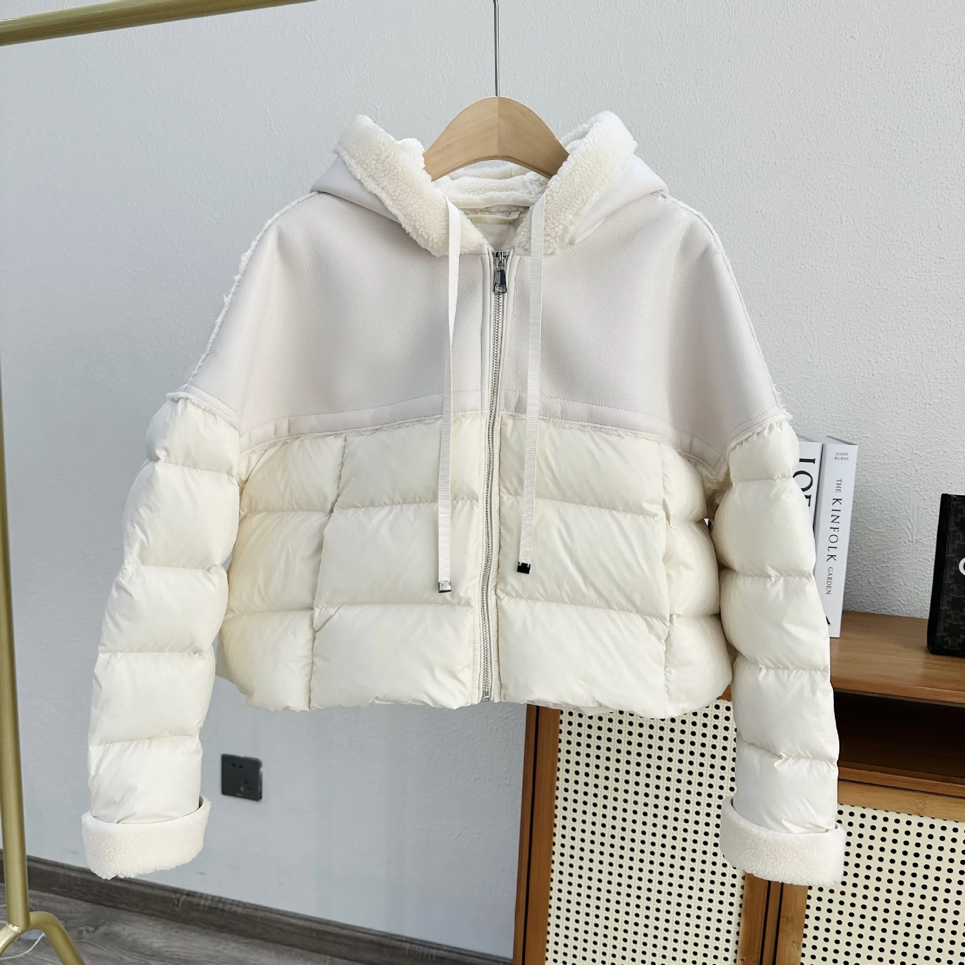 Fashion Women Patch Pu Down Coat Thick Warm Long Sleeve Puffer Jackets Female Hooded Lamb Fleece Winter Commute Overcoats