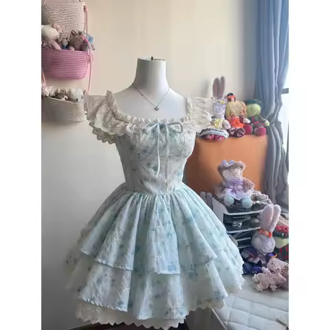 Summer Blue Lace Evening Party Dress Women French Elegant Design Lolita Dress 2000s Vintage Clothing Ouwear Chic Y2k Japanese