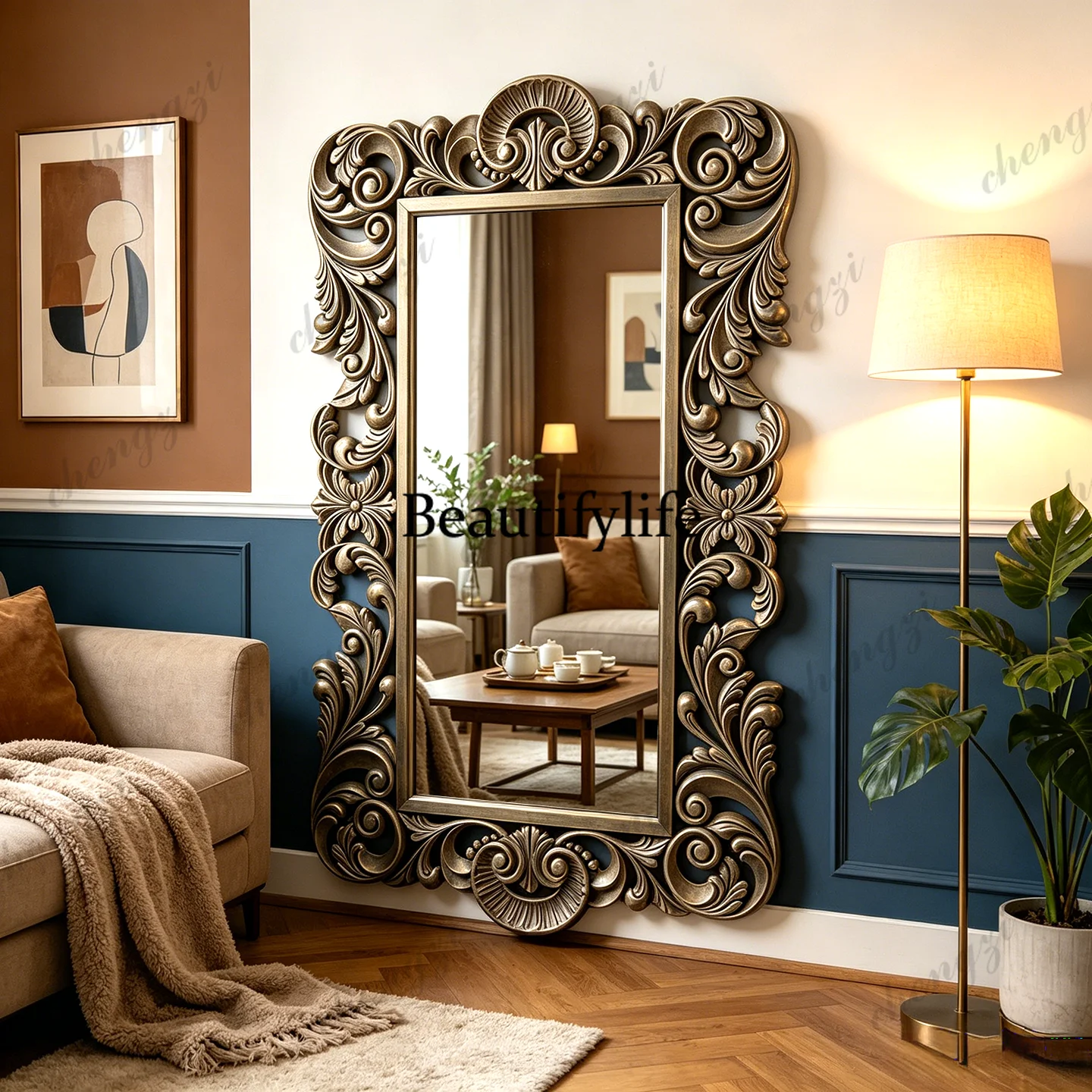

French, full body large mirror American heavy industry carved floor mirror European full-length mirror