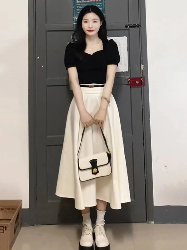 Slimming Summer Dr Set for Women Ele Cute Sle A-Line Skirt ort Sve Polyester Blend Fabric Holiday Wear