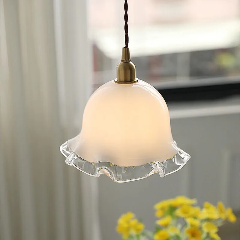 French Retro Bud Pendant Light White Glass Lampshade Restaurant Bar Pendant Lamp Balcony Bedside Decorative Lighting