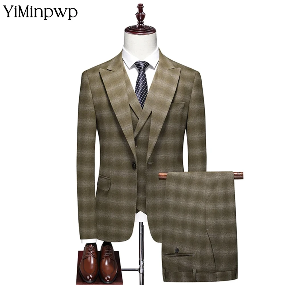 Trajes de 3 piezas para hombre, esmoquin Formal con solapa de muesca para padrinos de boda, esmoquin a cuadros de lana para actividades de fiesta, boda, personalizado