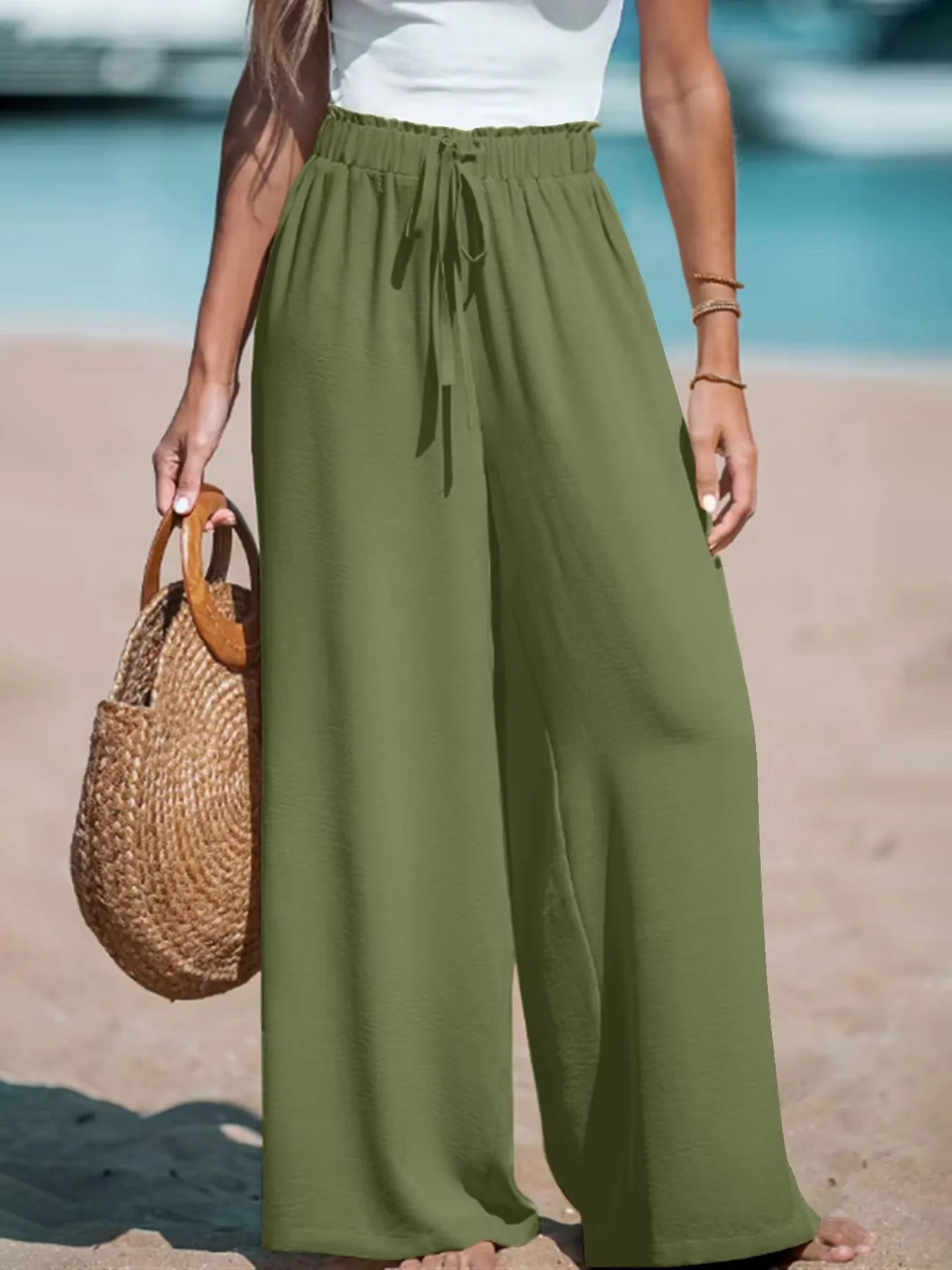 2025 Cross border Women's Four Seasons Wide Leg Loose Drawstring Casual Fashion Pants Commuting Office Beach Comfort Trousers