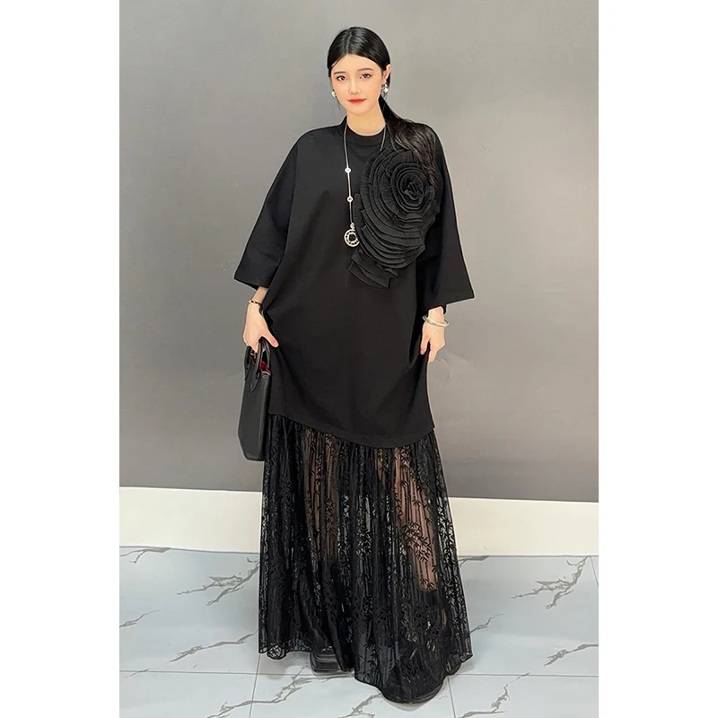 2024 Autumn New Elegant Black Patchwork Flower Loose Long Dress Women Fashion Long Sleeve Lace Dress Wholesale J500