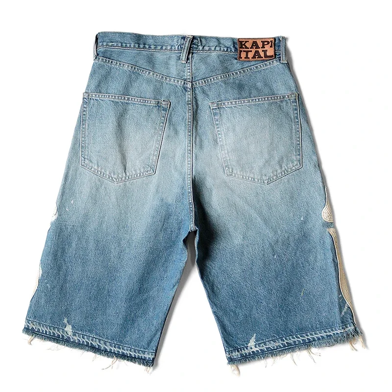 KAPITAL Hirata Hohiro Loose Casual Pants Embroidered Bone Printed Washing Water Used Raw Denim Shorts for Men and Women