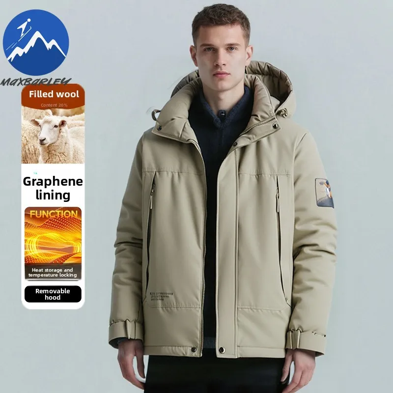 

Maxbarley 2025 Winter Wool Thermal Jacket Men Luxury Thicke Detachable Hooded Parka Hiking Ski Waterproof Cotton Padded Jacket