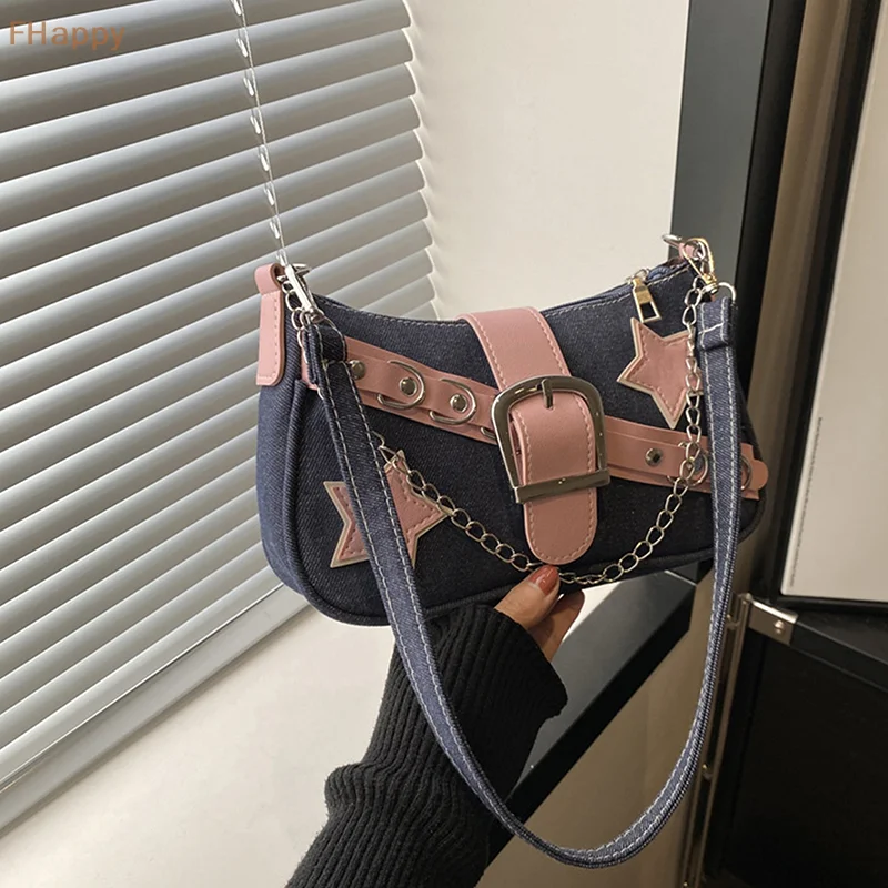 Y2k Fashion Women\'s Handbags Stars Pattern Cool Girls Underarm Bag Fashion Canvas Female Small Shoulder Bags Chain Tote Purses