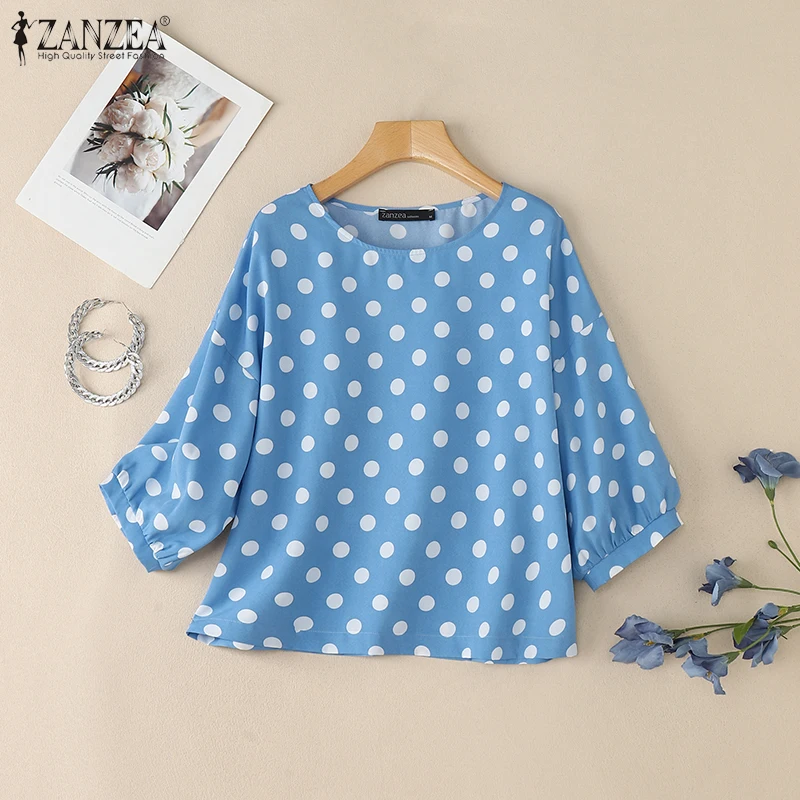 Blusas informales holgadas con lunares para mujer, blusas ligeras con cuello redondo y manga abullonada 3/4, blusas ZANZEA para uso diario de verano, Blusas de Mujer