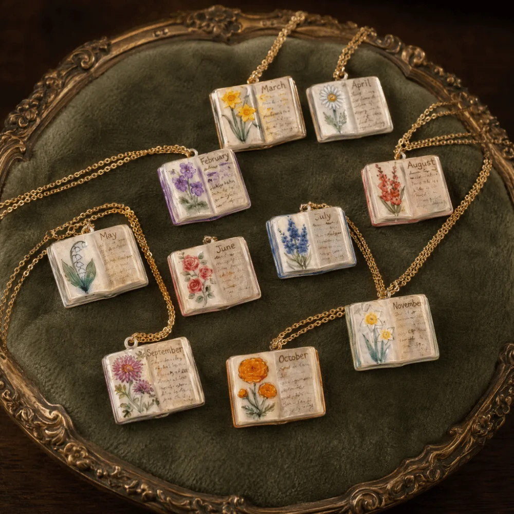 Antique Porcelain Book Pendant Necklace Vintage Style Copper Design Pendant Necklace Hand-painted Retro Style