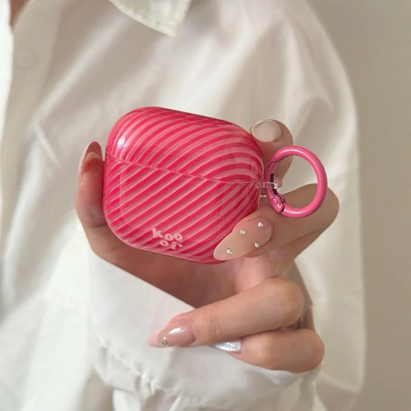 

Korean Rose Red Stripes Earphone Case For Apple Airpods 4 3 2 Pro Protective Cover Silicone Cute Headphone Cases For Airpods Pro