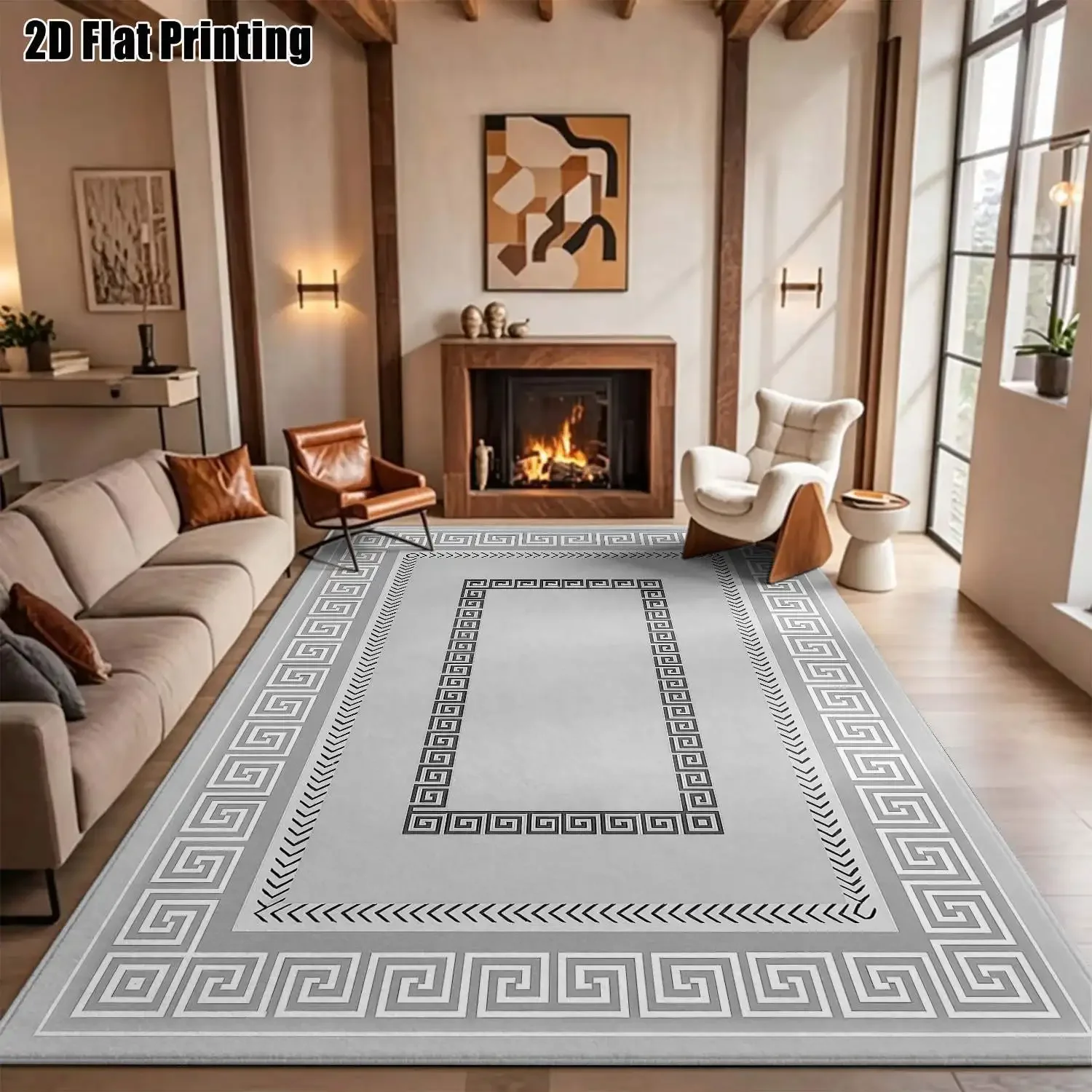 1Pc 2D Printed Grey-White Geometric Pattern Carpet: European Retro Modern Minimalist Style, Machine Washable, Multi-Size, Suitab