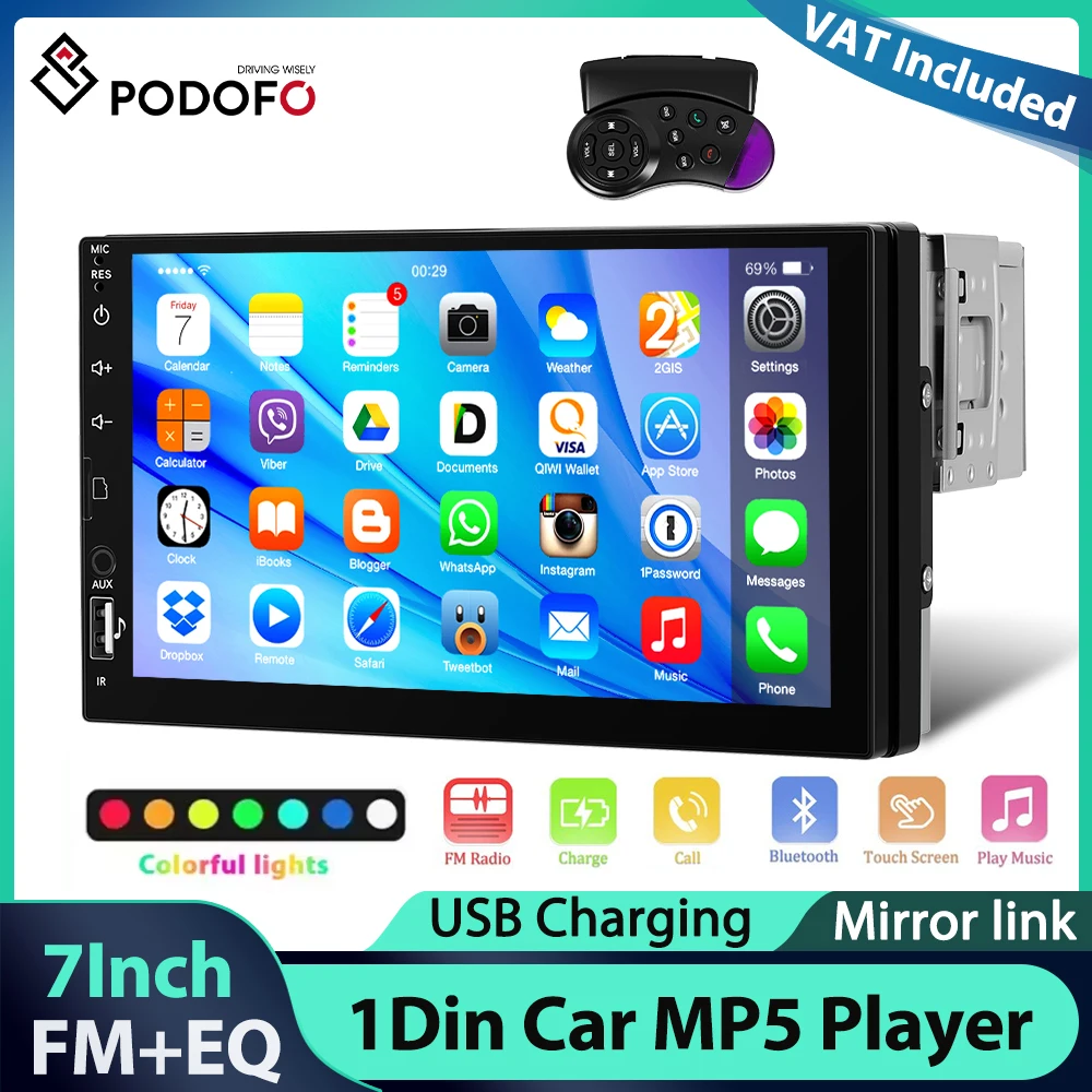 Reproductor MP5 Podofo de 7'' con Pantalla LCD 1Din, Reproductor Multimedia con Mirror Link, EQ, FM, BT, USB, Luces LED, Control del Volante, Estéreo para Auto