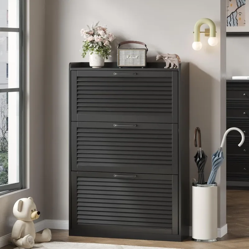 Shoe Storage Cabinet with 3 Flip Louvered Doors, Freestanding Organizer with Metal Hinges