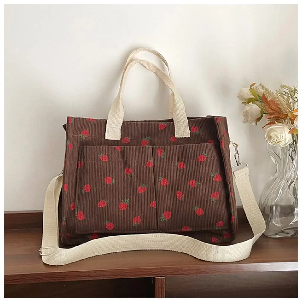 Sweet Large Capacity Bow Tote Bag Printied Strawberry Corduroy Handbag Cute Korean Style Women Shoulder Bag Outdoor