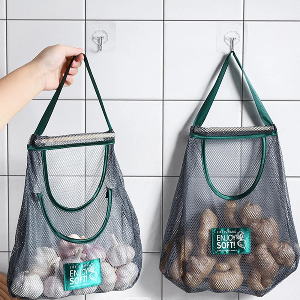Reusable Storage Bags Kitchen Hanging Mesh Bag Home Fruit And Vegetable Storage Net Bag For Ginger Garlic Potatoes Onions hooks