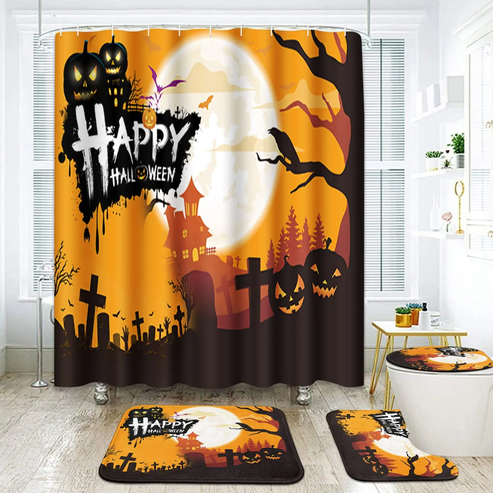 Halloween Night Bathroom Set with Shower Curtain and Rugs Pumpkins Trick or Treat Bath Curtain Witch Bat Bathroom Decor 4 Pcs