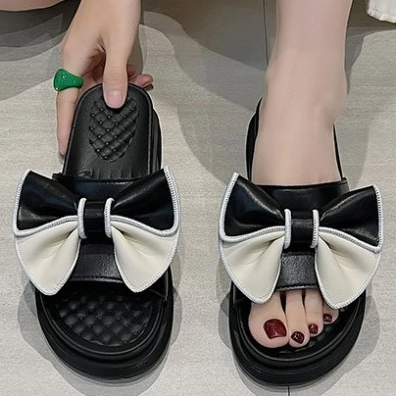 

2024 Summer New Women's Slippers Fashion Bow Soft Sole Slingback Office Slippers Casual Leather Square with Women's Flip-flops