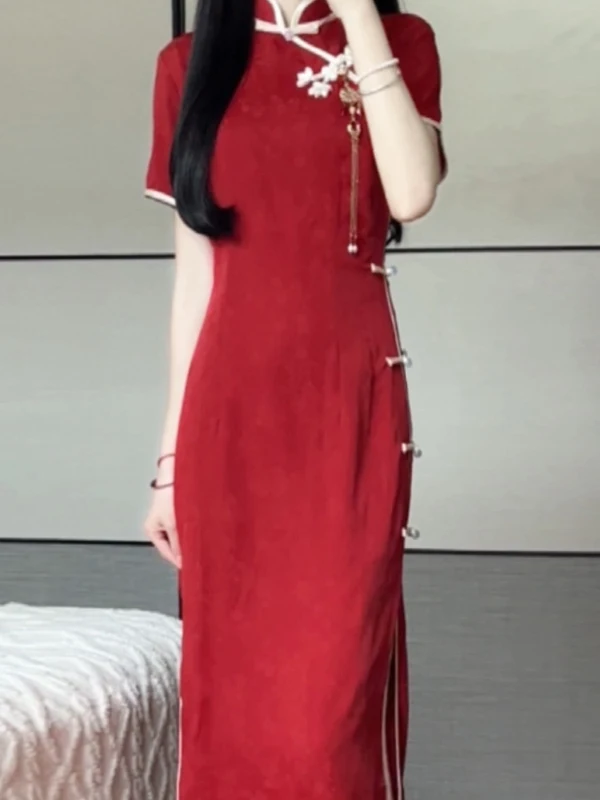 Vestido de boda de taro con sabor a té rojo, estilo vintage, manga corta, fibra de poliéster, para uso diario, nuevo estilo chino.