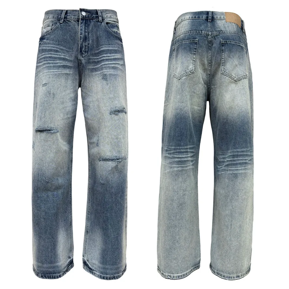 MWJLPWQ Punk Gradient Ripped Straight Jeans For Men Street Style Autumn Washed Distressed Casual Vibe Loose Wide-Leg Pants 17176