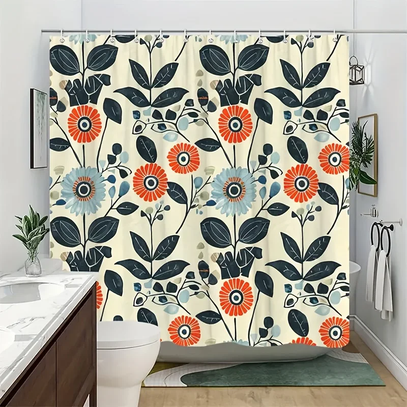 Modern Floral Shower Curtain 72x72 Polyester Washable – Bold Orange & Teal Blooms with Black Leaves on Cream, 12 Hooks