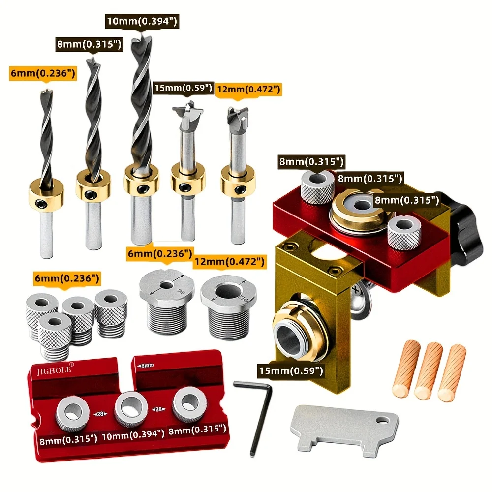 3 In 1 Dowel Jig Aluminum Alloy Pocket Hole Jig 8/10/15mm Drill Guide Locator for Wood Board Splicing Woodworking Tool