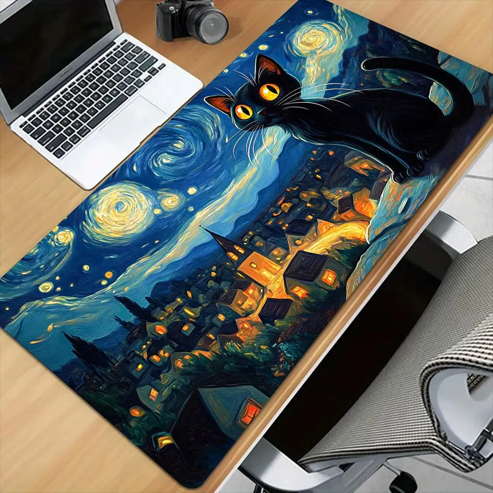 Spiral starry sky and cat Mouse Pad Desk Mat with Stitched Edge XXL Mousepads Rubber Anti-slip Gamer Keyboard Rug Gaming Mats
