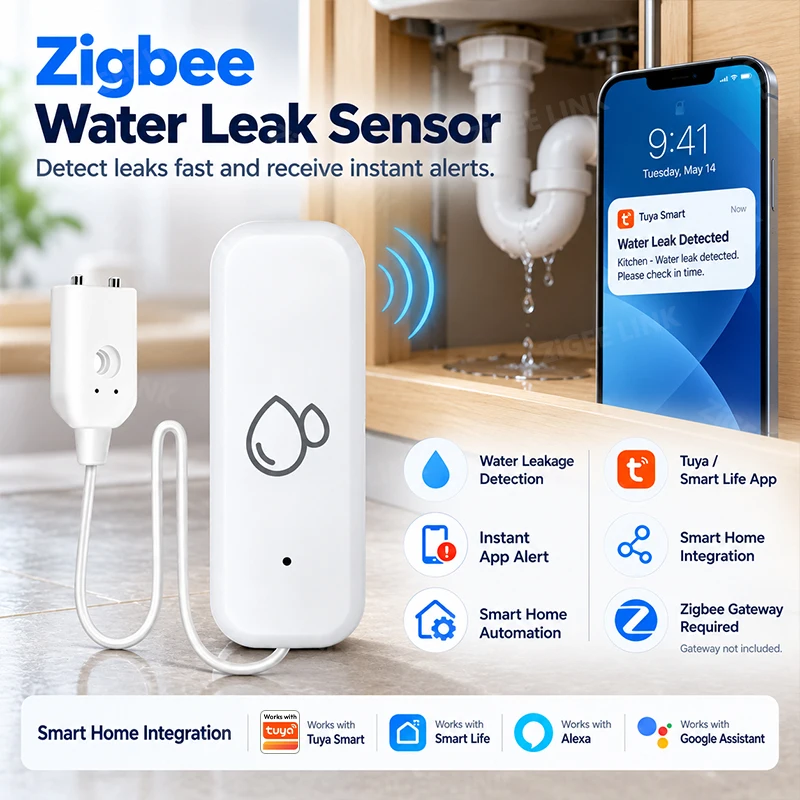 Zigbee Water Leak Sensor Wireless Leakage Alarm With App Notification For Kitchen Bathroom Basement Compatible With Alexa Google