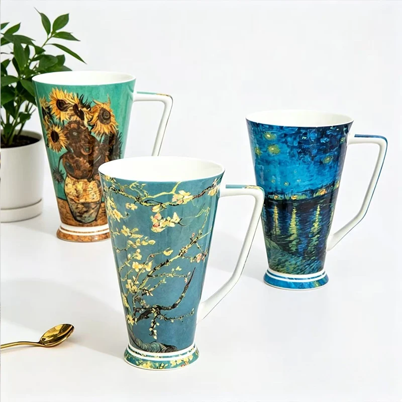 New Painting serie Mugs, Blue Starry Sunflower Flower Bone China Tea Cups, Tea lovers and art enthusiasts' coffee cups 500ML