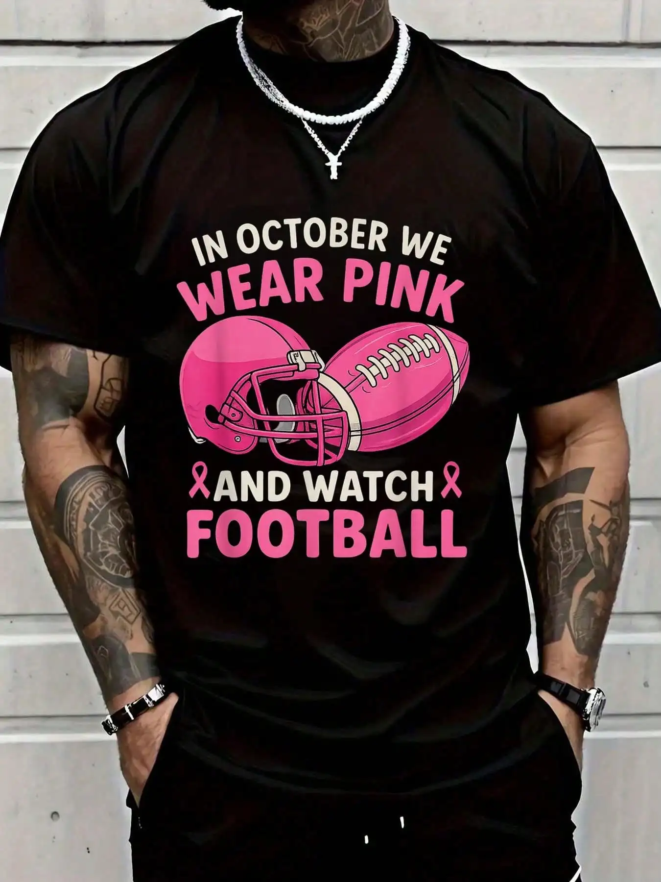 In October We Wear Pink Football Breast Cancer Awareness T-Shirt For Game Day Support Survivors Gift For Men Women Casual Outfit