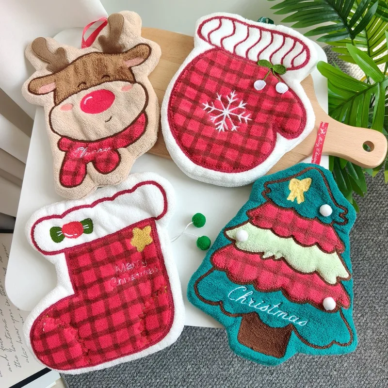 4pcs New Christmas Hand Towel Printed Embroidered Thick Water Absorbent Kitchen Bathroom Hand Drying Towel
