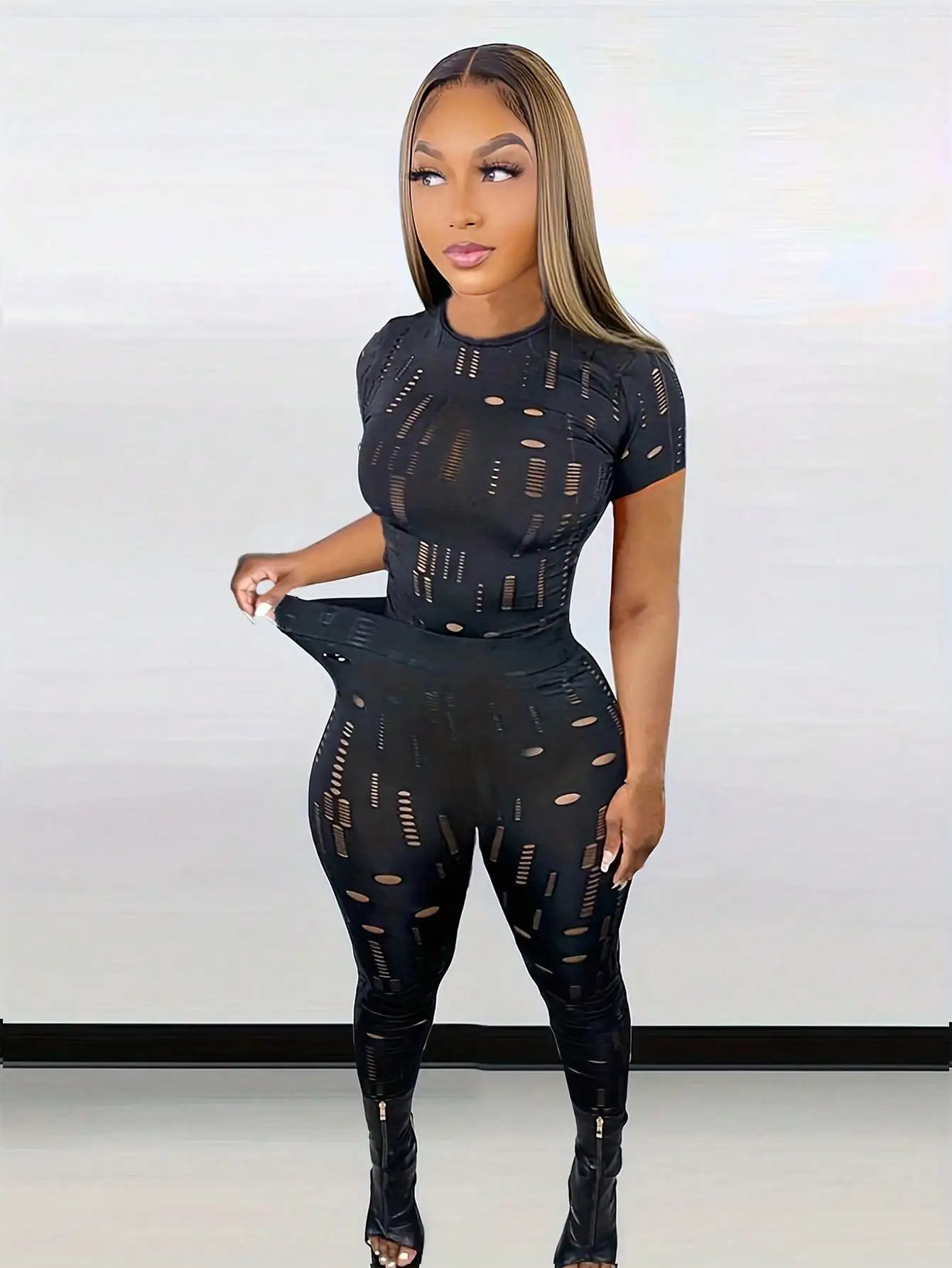 

BWQ летний новый женский эластичный рваный топ с круглым вырезом и короткими рукавами в европейском и американском стиле, комплект с узкими брюками