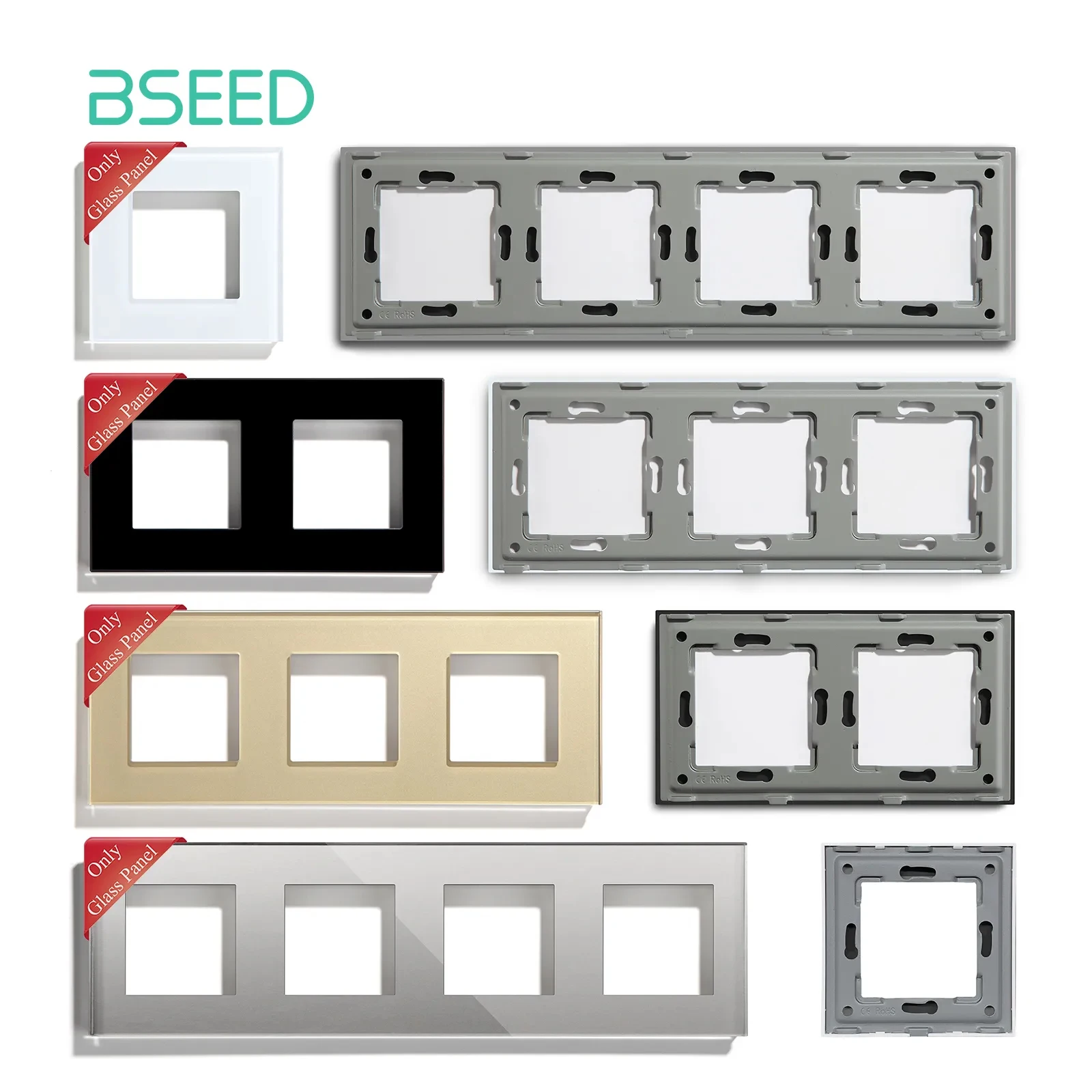 BSEED EU Standard Wall Glass Frame DIY Parts For Light Switch Sockets Metal Plate Included Crystal Panel Only  86/157/228mm