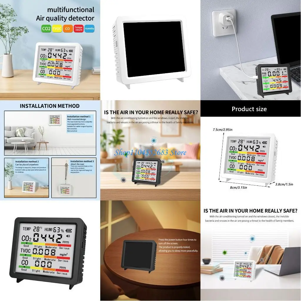 

Y6GD High Precisions Air Quality Tester 4Inch Large Display Temperature,Humidity CO CO2 TVOC Desktop or Wall Installation