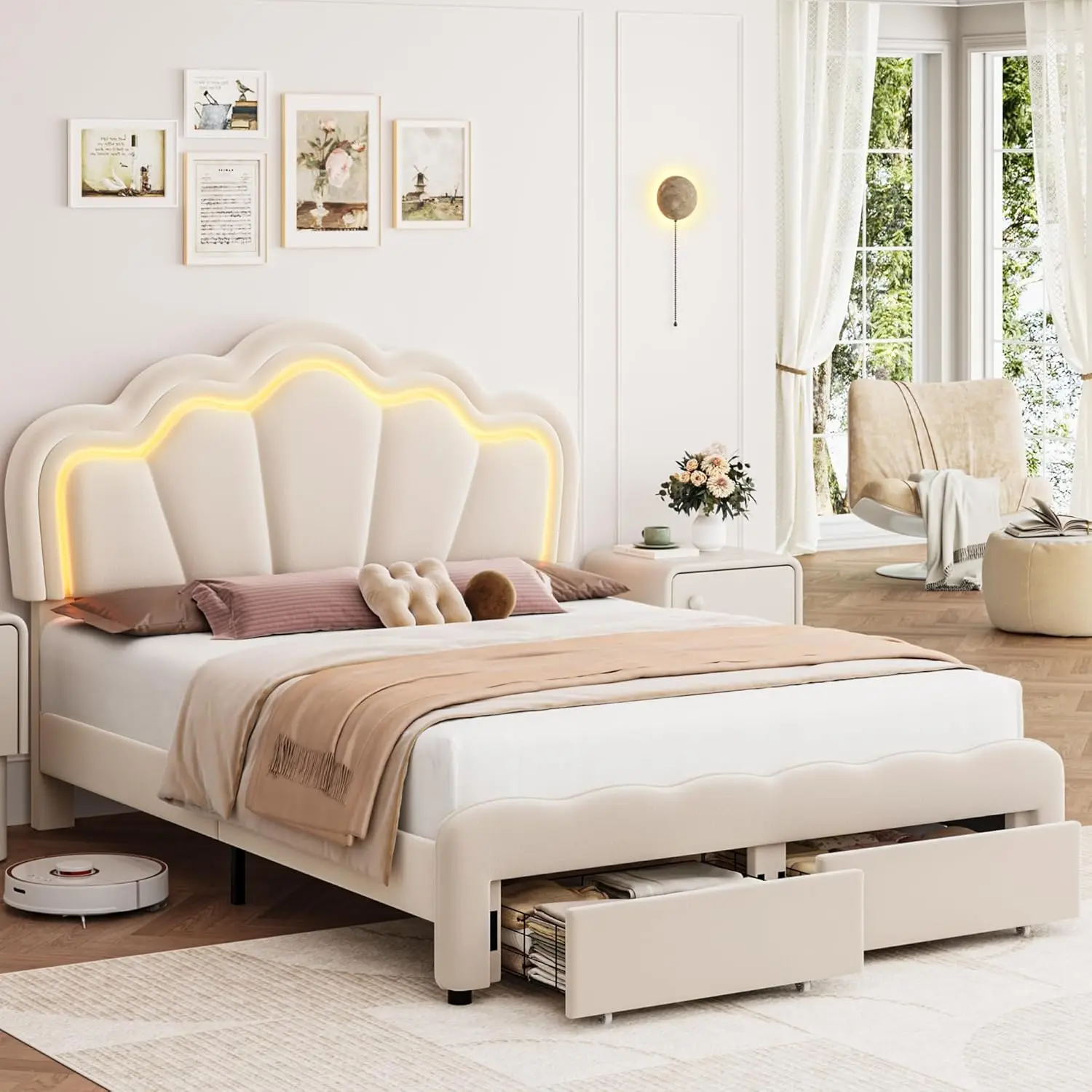 

Full Upholstered Led Bed Frame With Storage Drawers, Cute Girls Bed With Adjustable Lotus Headboard, Velvet Princ Platform Bed