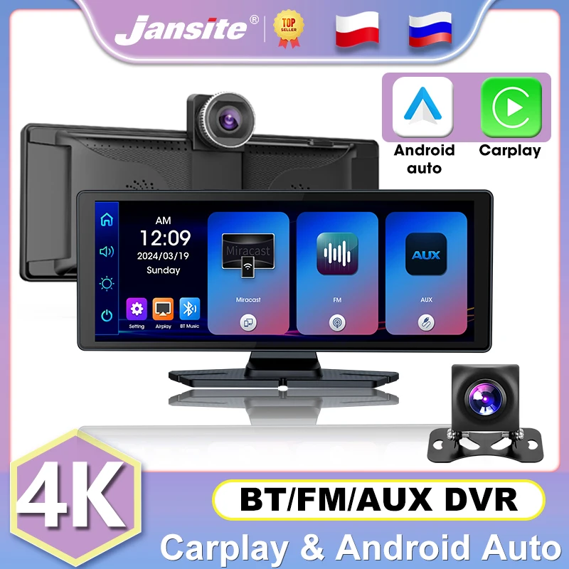 

Jansite 10.26" Car DVR Dash Cam 4K Mirror Video Player Wireless Carplay Android Auto Bluetooth Dual Lens Rear Camera Recorder FM