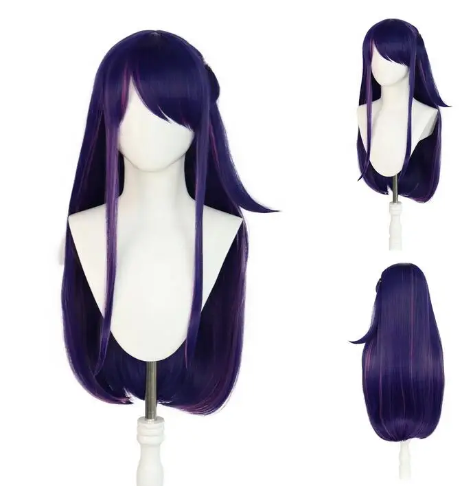 Peruca cosplay sintética roxa e rosa com franja para mulheres, longa, natural, anime cos, 28"