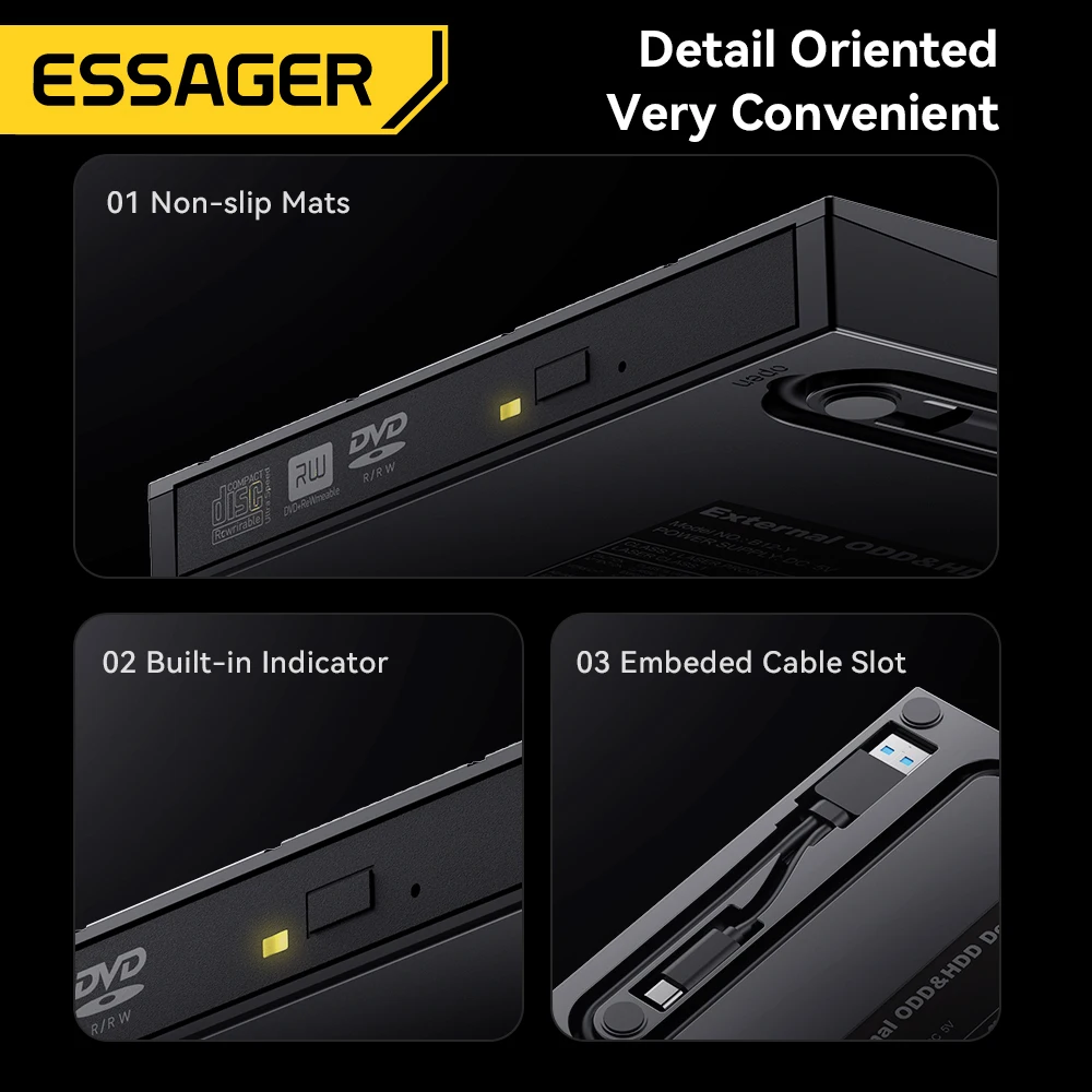 Essager Externes CD/DVD-RW-Laufwerk, 24-fach, Lesen, 8-fach, Brennen, USB 3.0, Typ-C-Treiber, kostenloser Stecker für Laptop, Linux, tragbar, mit Kabelspeicher