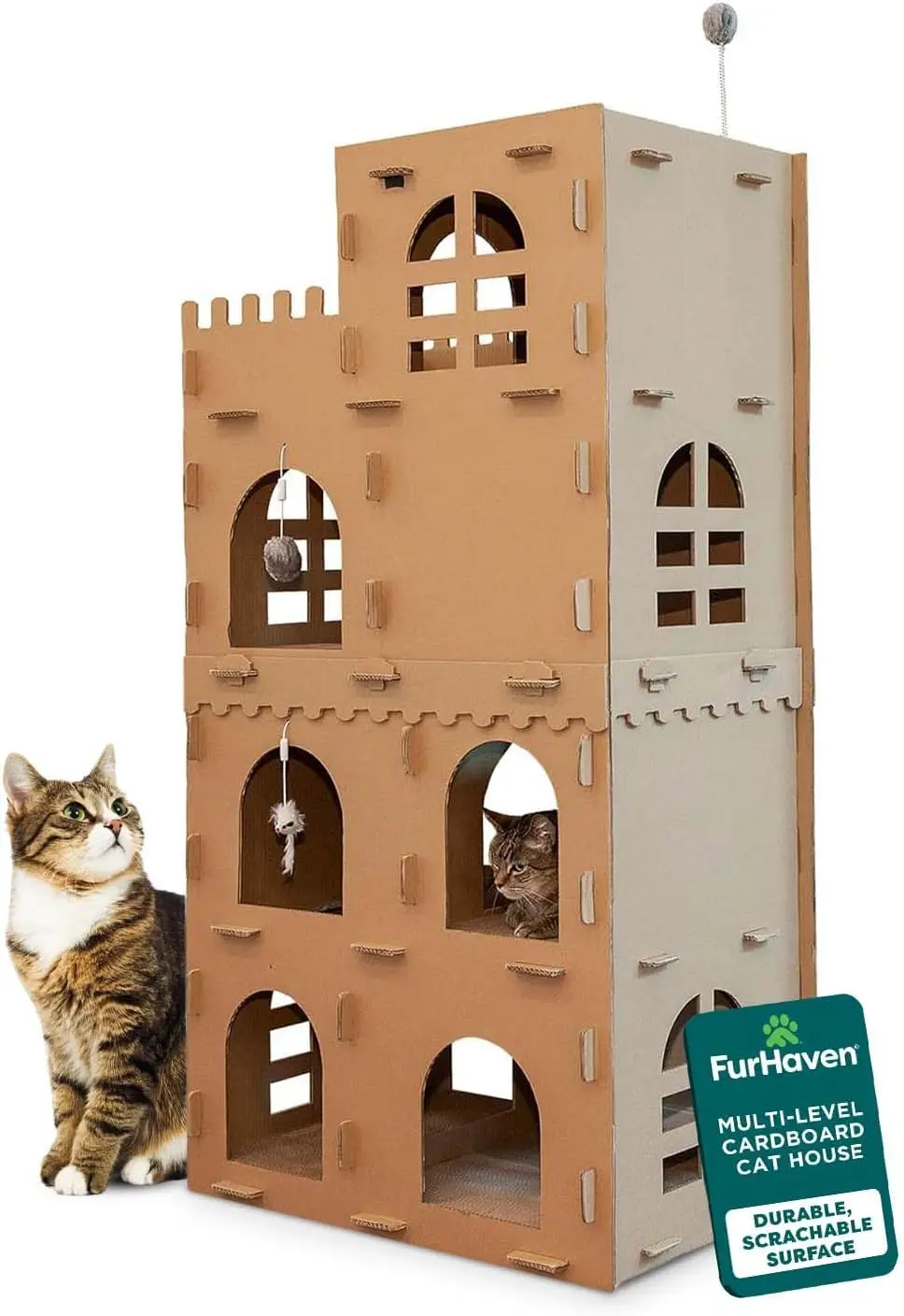 

Multi-Level Cardboard Cat House with Catnip & Toys, Double-Walled Scratcher for Lounging and Play, Brown
