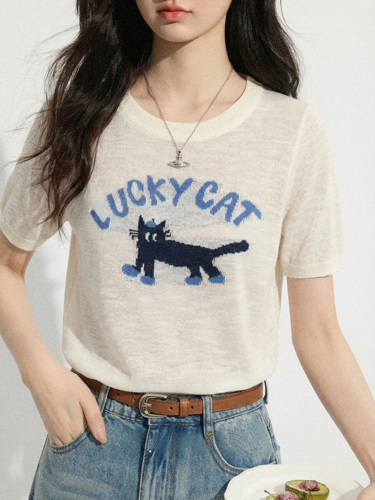 

Женский вязаный топ Zhang Soda 2026: Новинка лета, свободный крой, круглый вырез, с надписью, короткий рукав, антивозрастной эффект, модный дизайн